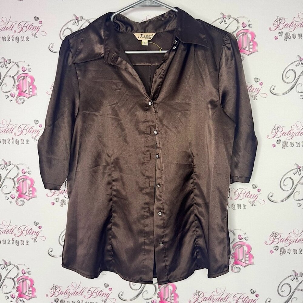 Jessica shirt button down diamond crystals buttons puff Brown Satin Women's Top